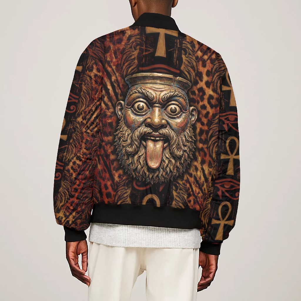 Bes Ancient Egyptian Bomber Jacket with Leopard Print Ankh and Eye of Horus Egyptian Deity Tribute - African Pride