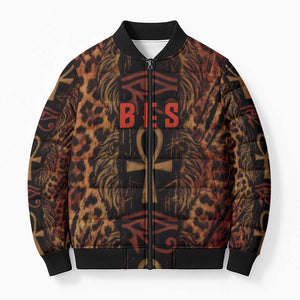 Bes Ancient Egyptian Bomber Puffer Jacket with Leopard Print Ankh and Eye of Horus Egyptian Deity Tribute - African Pride