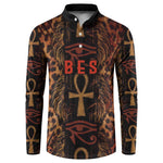 Bes Ancient Egyptian Button Sweatshirt with Leopard Print Ankh and Eye of Horus Egyptian Deity Tribute