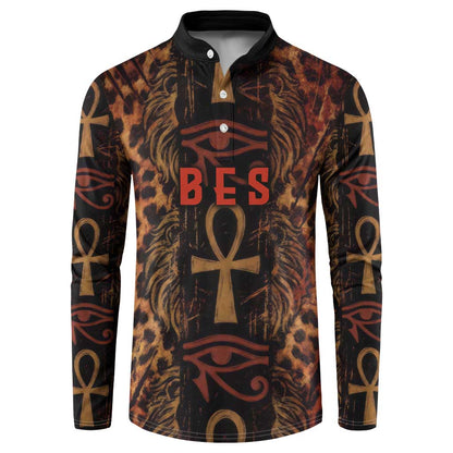 Bes Ancient Egyptian Button Sweatshirt with Leopard Print Ankh and Eye of Horus Egyptian Deity Tribute