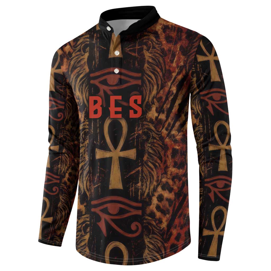 Bes Ancient Egyptian Button Sweatshirt with Leopard Print Ankh and Eye of Horus Egyptian Deity Tribute
