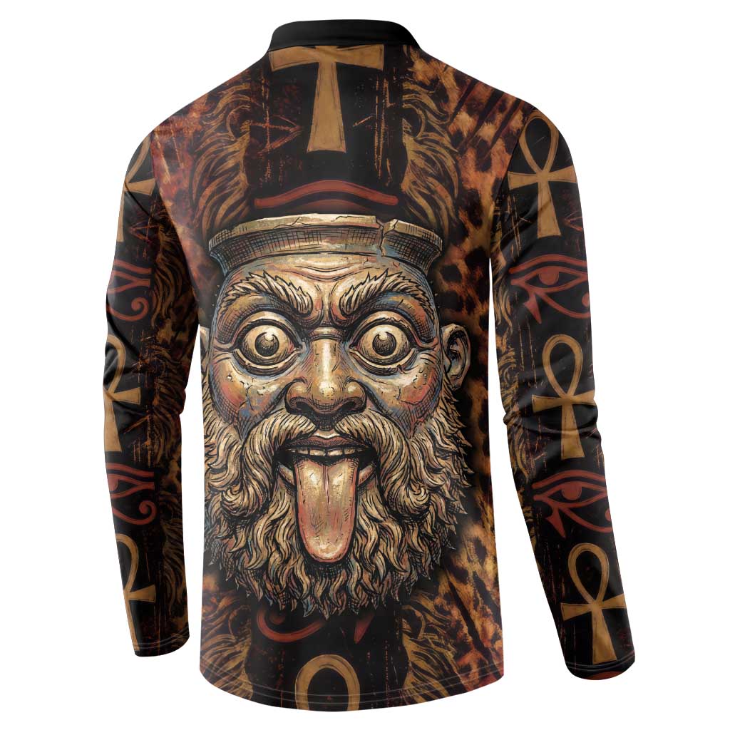 Bes Ancient Egyptian Button Sweatshirt with Leopard Print Ankh and Eye of Horus Egyptian Deity Tribute