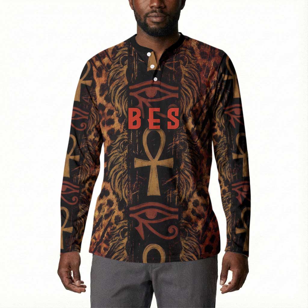 Bes Ancient Egyptian Button Sweatshirt with Leopard Print Ankh and Eye of Horus Egyptian Deity Tribute
