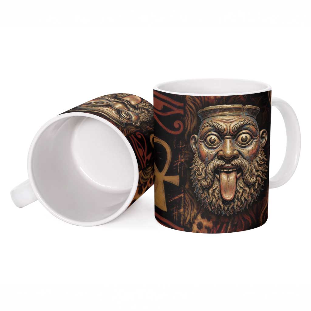 Bes Ancient Egyptian Ceramic Mug with Leopard Print Ankh and Eye of Horus Egyptian Deity Tribute - African Pride
