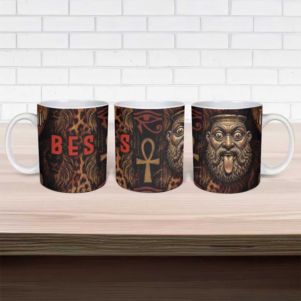 Bes Ancient Egyptian Ceramic Mug with Leopard Print Ankh and Eye of Horus Egyptian Deity Tribute - African Pride