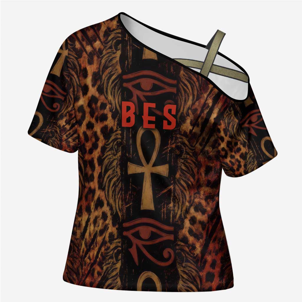Bes Ancient Egyptian Cross Shoulder Shirt with Leopard Print Ankh and Eye of Horus Egyptian Deity Tribute - African Pride