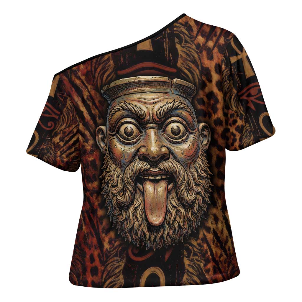Bes Ancient Egyptian Cross Shoulder Shirt with Leopard Print Ankh and Eye of Horus Egyptian Deity Tribute - African Pride