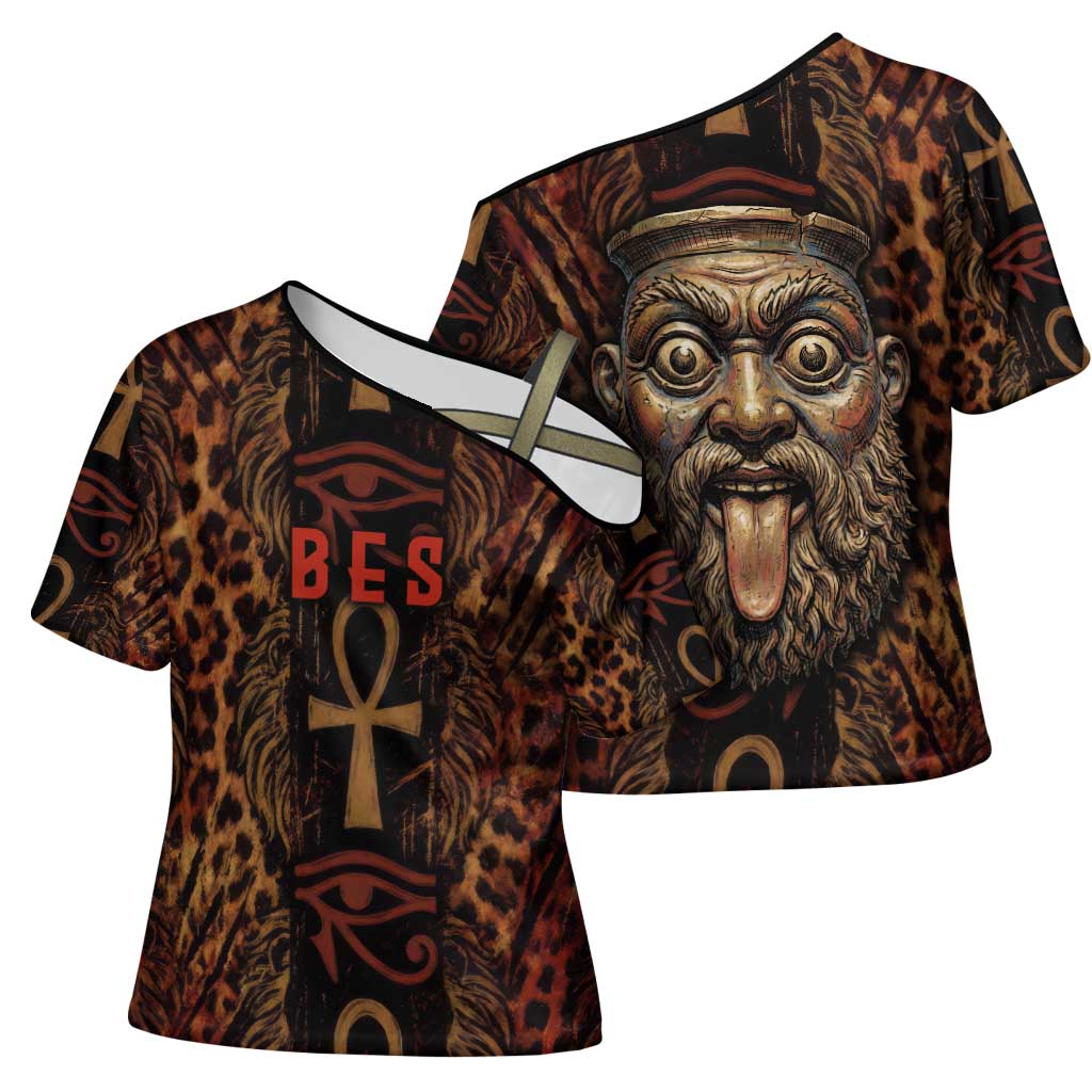 Bes Ancient Egyptian Cross Shoulder Shirt with Leopard Print Ankh and Eye of Horus Egyptian Deity Tribute - African Pride