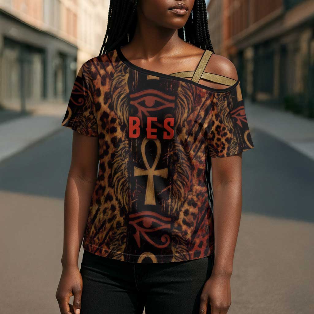 Bes Ancient Egyptian Cross Shoulder Shirt with Leopard Print Ankh and Eye of Horus Egyptian Deity Tribute - African Pride