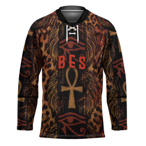 Bes Ancient Egyptian Hockey Jersey with Leopard Print Ankh and Eye of Horus Egyptian Deity Tribute - African Pride