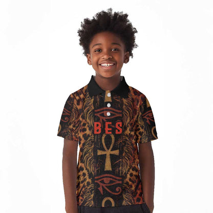 Bes Ancient Egyptian Kid Polo Shirt with Leopard Print Ankh and Eye of Horus Egyptian Deity Tribute - African Pride
