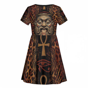 Bes Ancient Egyptian Kid Short Sleeve Dress with Leopard Print Ankh and Eye of Horus Egyptian Deity Tribute - African Pride