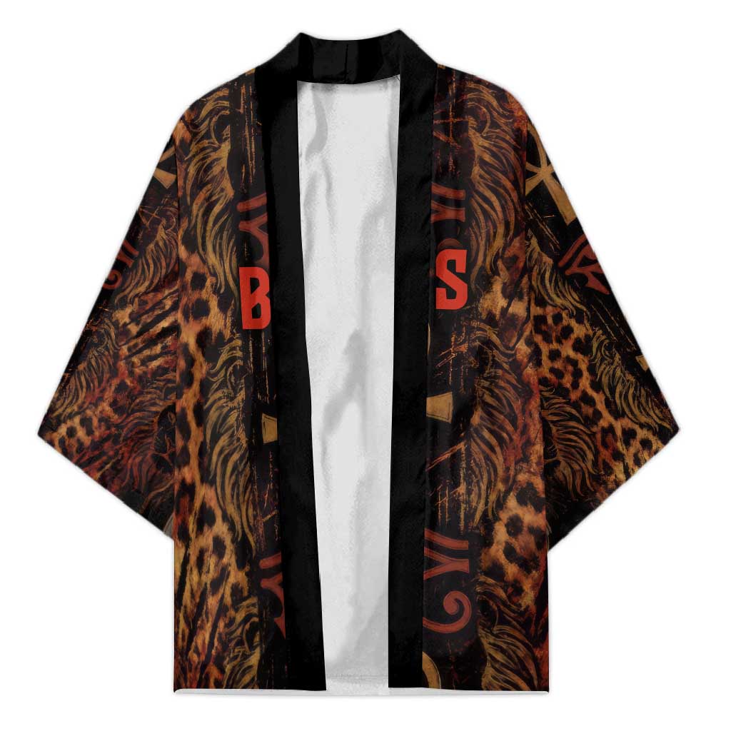 Bes Ancient Egyptian Kimono with Leopard Print Ankh and Eye of Horus Egyptian Deity Tribute - African Pride