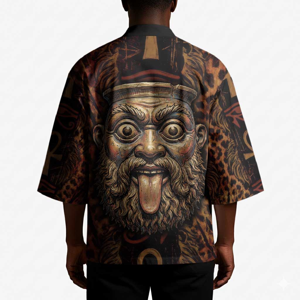 Bes Ancient Egyptian Kimono with Leopard Print Ankh and Eye of Horus Egyptian Deity Tribute - African Pride