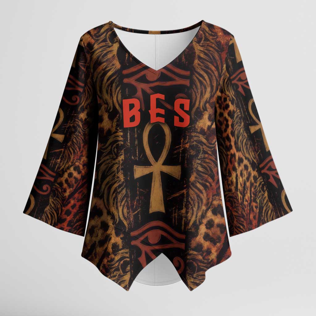 Bes Ancient Egyptian Kimono Sleeve Blouse with Leopard Print Ankh and Eye of Horus Egyptian Deity Tribute - African Pride
