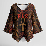 Bes Ancient Egyptian Kimono Sleeve Blouse with Leopard Print Ankh and Eye of Horus Egyptian Deity Tribute - African Pride
