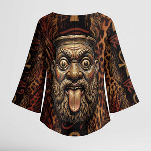 Bes Ancient Egyptian Kimono Sleeve Blouse with Leopard Print Ankh and Eye of Horus Egyptian Deity Tribute - African Pride