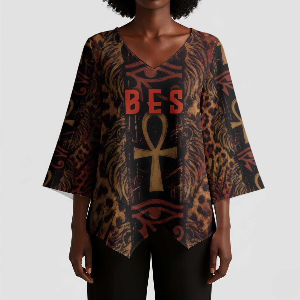 Bes Ancient Egyptian Kimono Sleeve Blouse with Leopard Print Ankh and Eye of Horus Egyptian Deity Tribute - African Pride