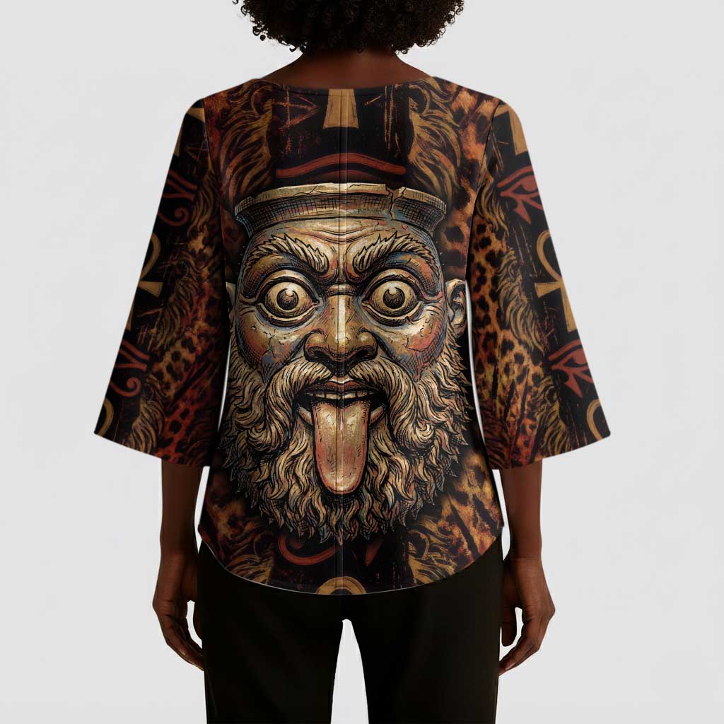 Bes Ancient Egyptian Kimono Sleeve Blouse with Leopard Print Ankh and Eye of Horus Egyptian Deity Tribute - African Pride
