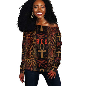 Bes Ancient Egyptian Off Shoulder Sweater with Leopard Print Ankh and Eye of Horus Egyptian Deity Tribute - African Pride