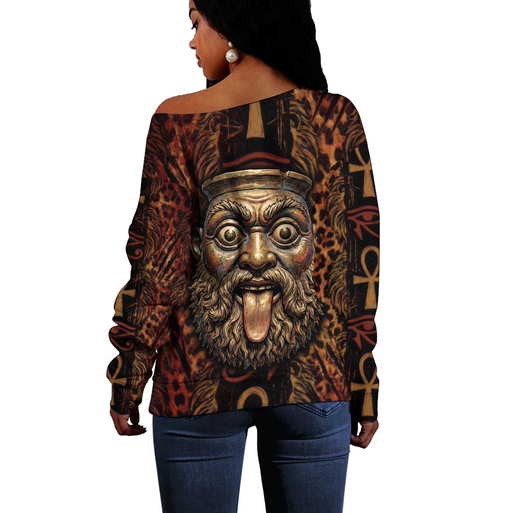 Bes Ancient Egyptian Off Shoulder Sweater with Leopard Print Ankh and Eye of Horus Egyptian Deity Tribute - African Pride