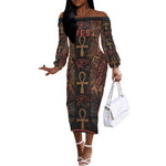 Bes Ancient Egyptian Off The Shoulder Long Sleeve Dress with Leopard Print Ankh and Eye of Horus Egyptian Deity Tribute - African Pride