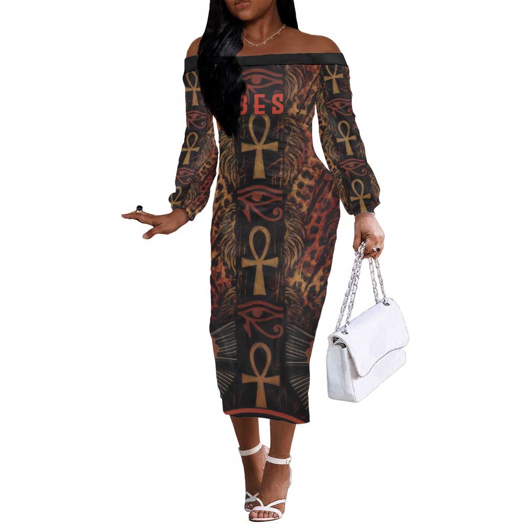 Bes Ancient Egyptian Off The Shoulder Long Sleeve Dress with Leopard Print Ankh and Eye of Horus Egyptian Deity Tribute - African Pride