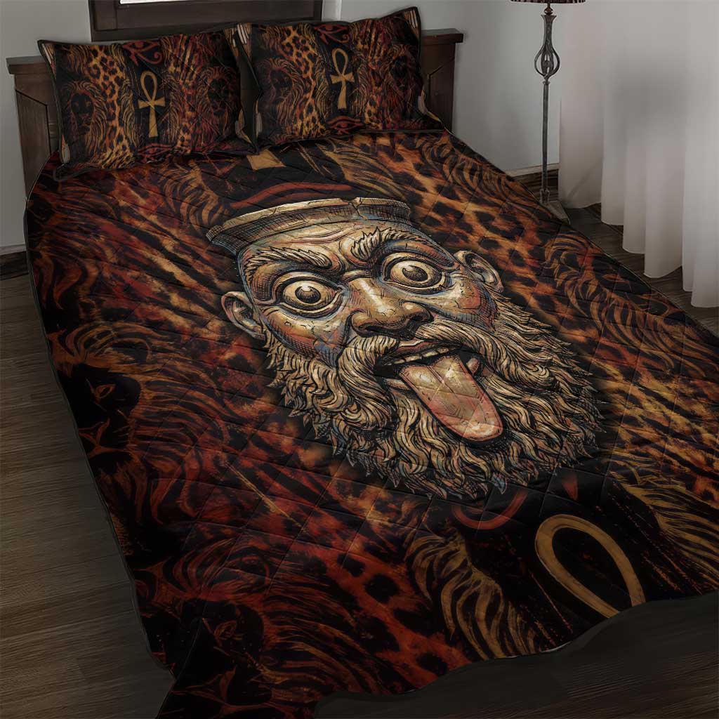 Bes Ancient Egyptian Quilt Bed Set with Leopard Print Ankh and Eye of Horus Egyptian Deity Tribute - African Pride