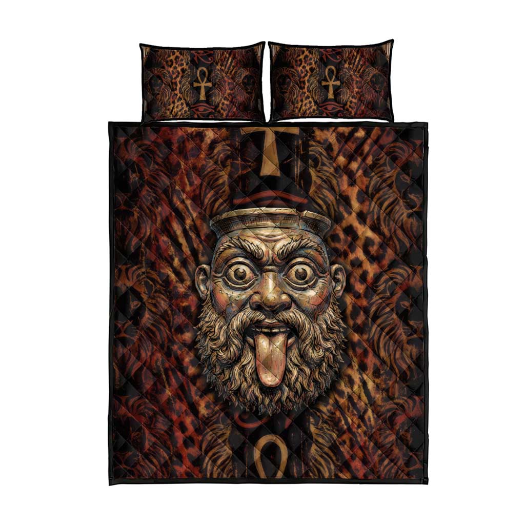 Bes Ancient Egyptian Quilt Bed Set with Leopard Print Ankh and Eye of Horus Egyptian Deity Tribute - African Pride