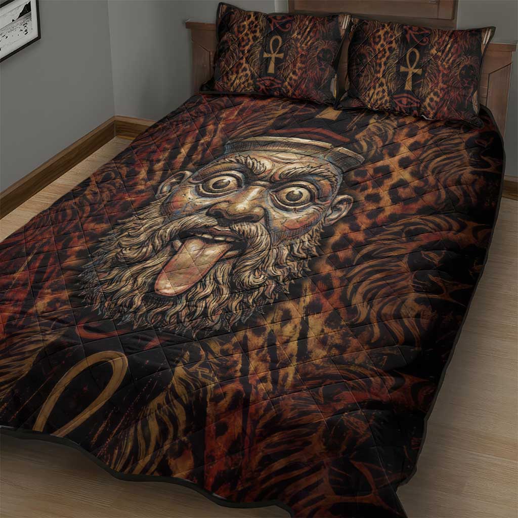 Bes Ancient Egyptian Quilt Bed Set with Leopard Print Ankh and Eye of Horus Egyptian Deity Tribute - African Pride