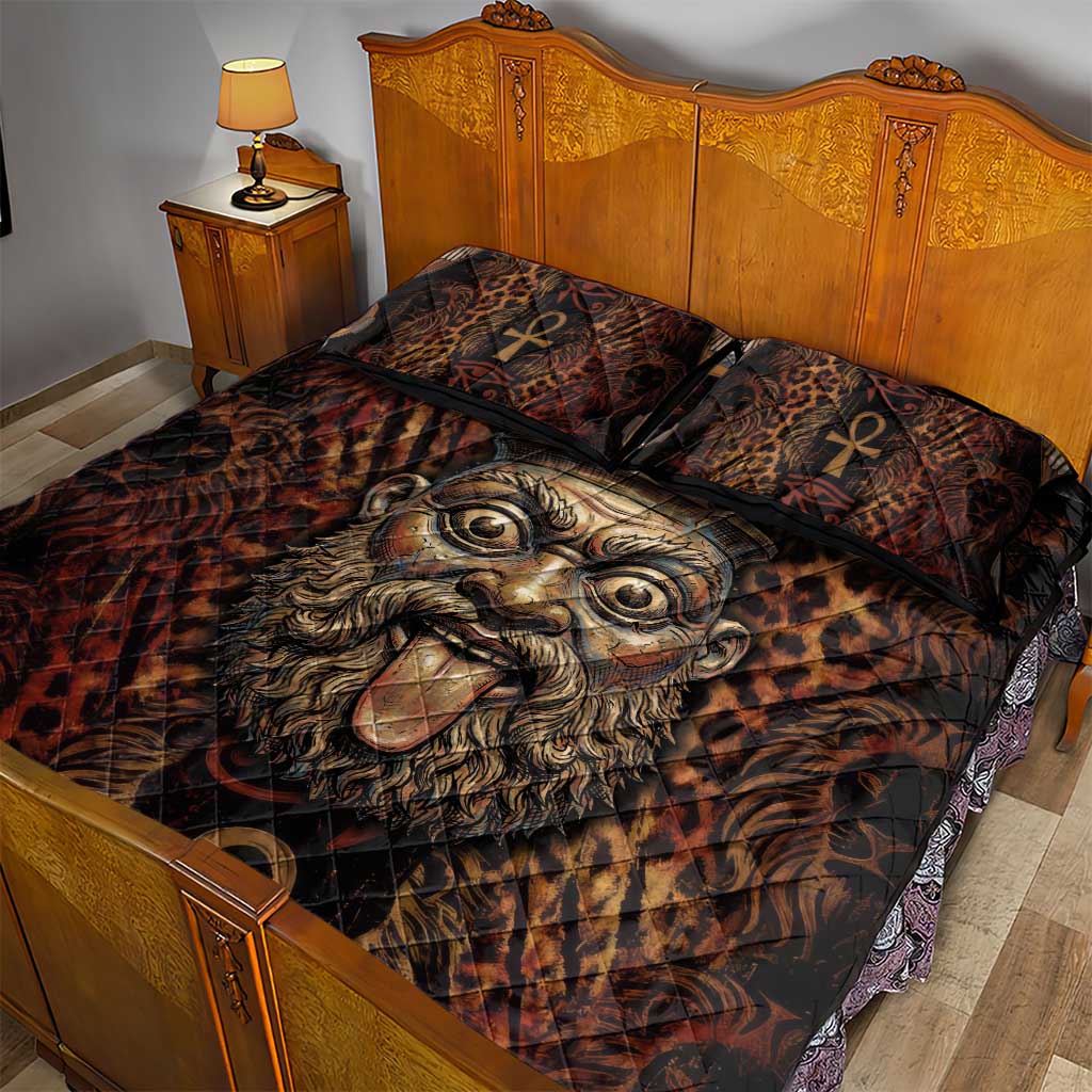 Bes Ancient Egyptian Quilt Bed Set with Leopard Print Ankh and Eye of Horus Egyptian Deity Tribute - African Pride