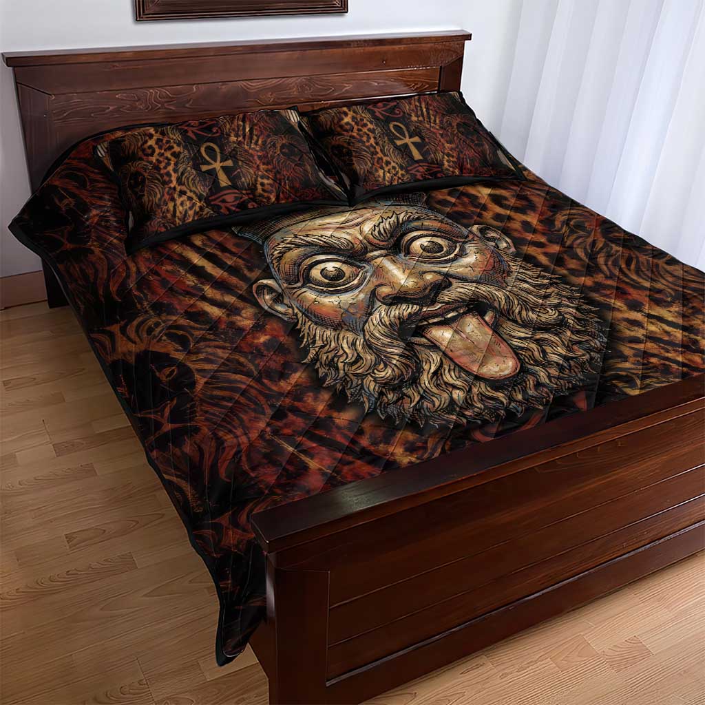 Bes Ancient Egyptian Quilt Bed Set with Leopard Print Ankh and Eye of Horus Egyptian Deity Tribute - African Pride