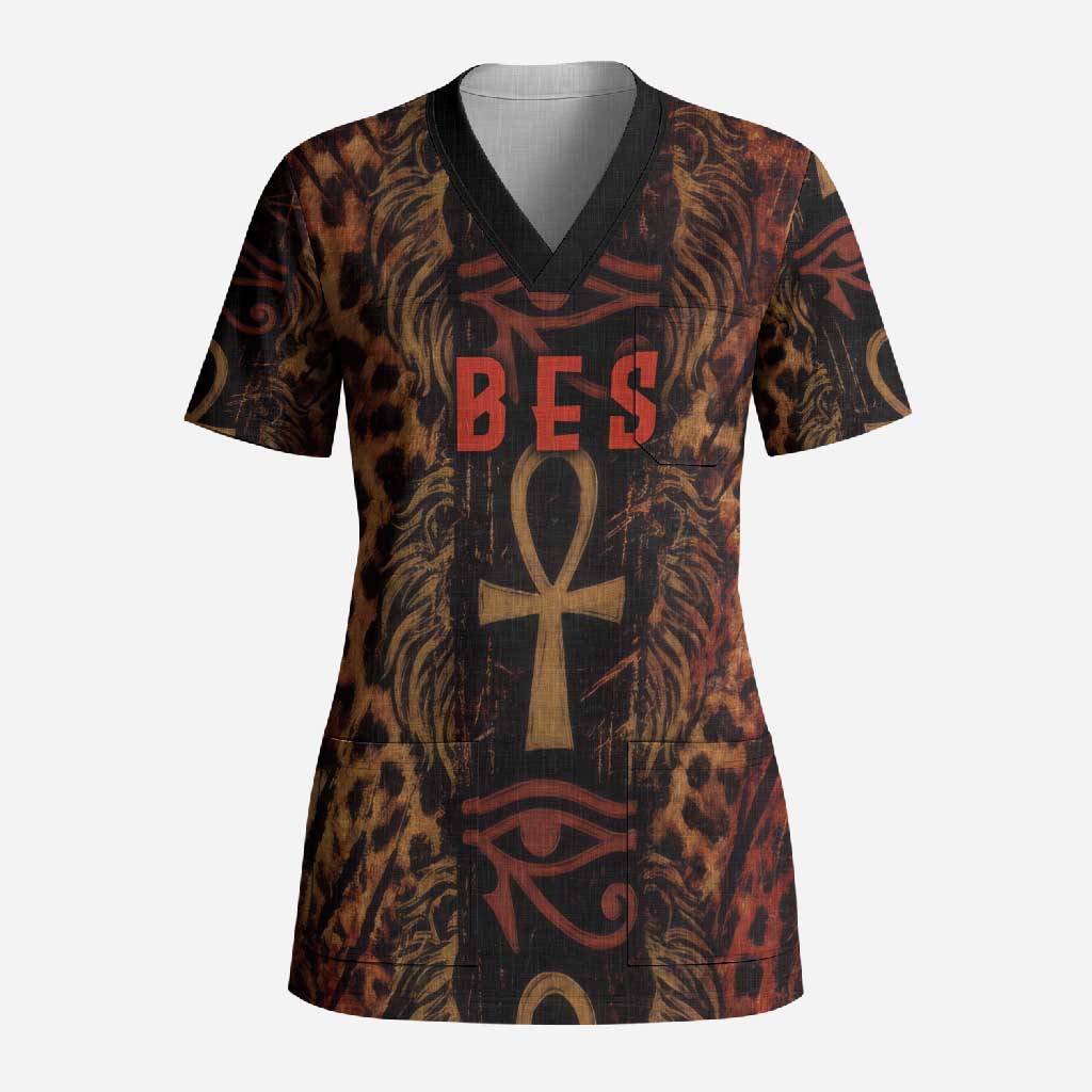 Bes Ancient Egyptian Scrub Top with Leopard Print Ankh and Eye of Horus Egyptian Deity Tribute - African Pride