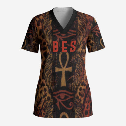 Bes Ancient Egyptian Scrub Top with Leopard Print Ankh and Eye of Horus Egyptian Deity Tribute - African Pride