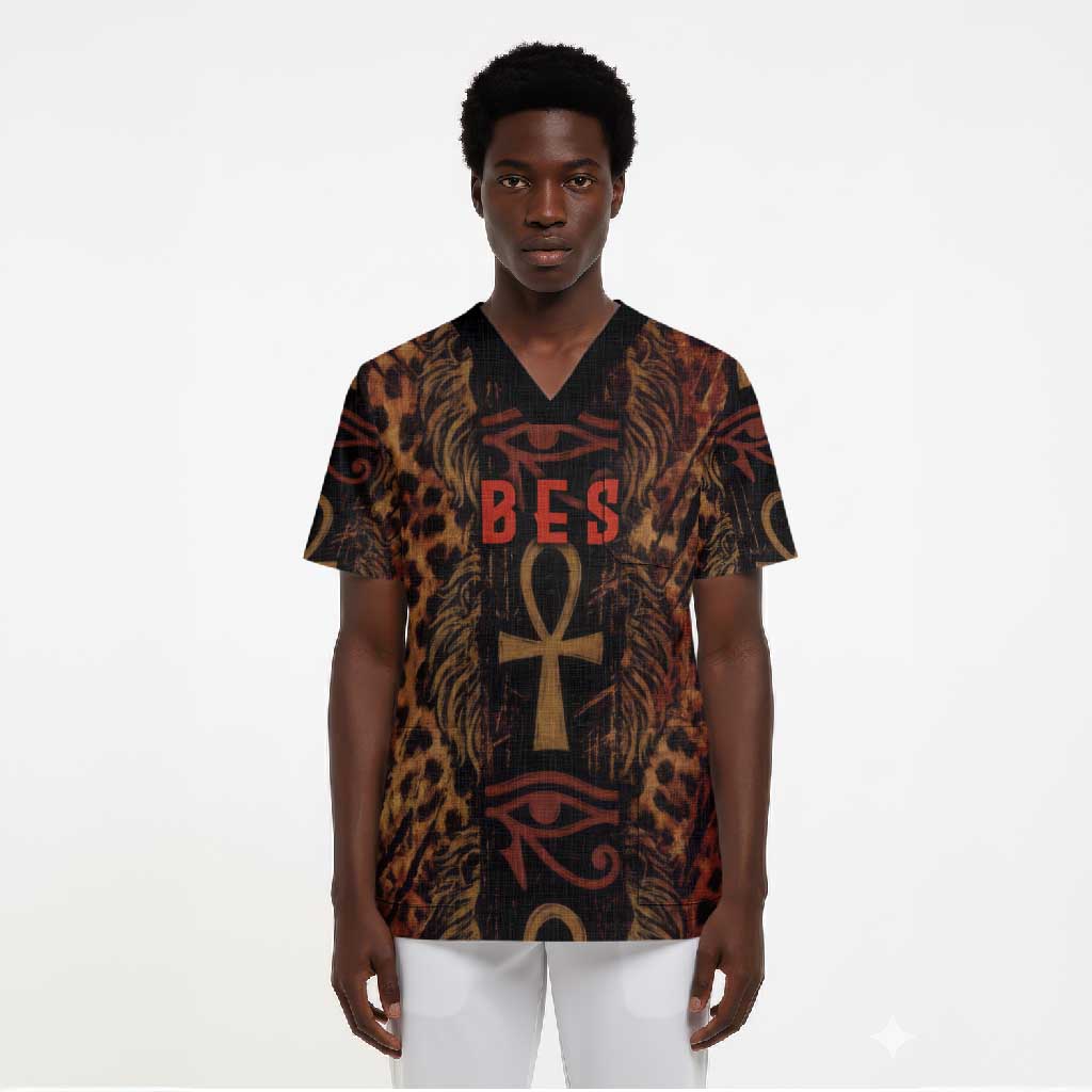 Bes Ancient Egyptian Scrub Top with Leopard Print Ankh and Eye of Horus Egyptian Deity Tribute - African Pride