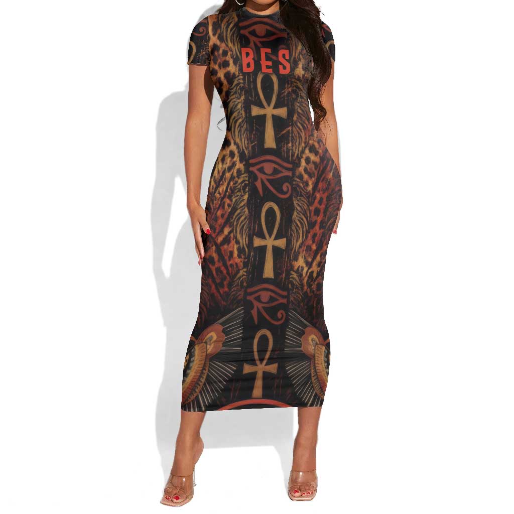 Bes Ancient Egyptian Short Sleeve Bodycon Dress with Leopard Print Ankh and Eye of Horus Egyptian Deity Tribute - African Pride