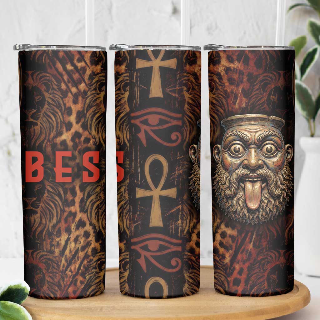 Bes Ancient Egyptian Skinny Tumbler with Leopard Print Ankh and Eye of Horus Egyptian Deity Tribute - African Pride