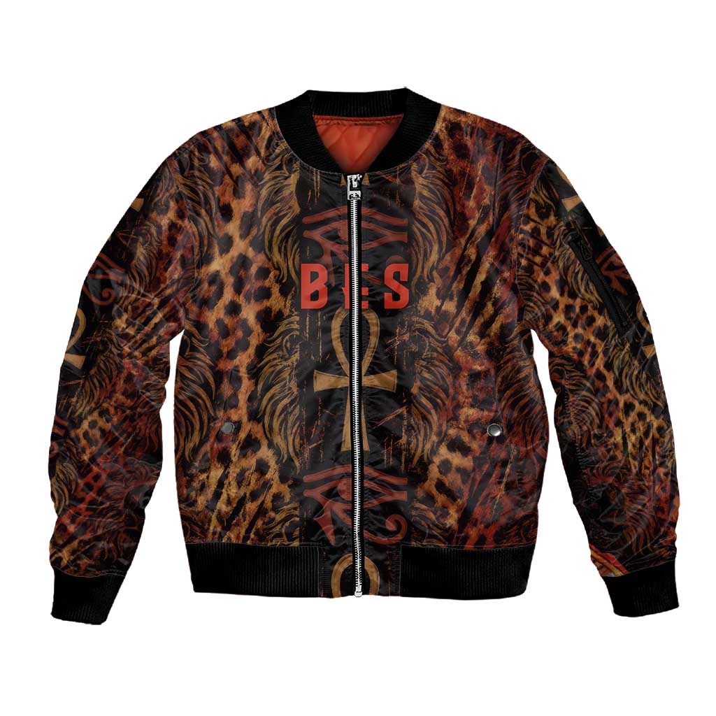 Bes Ancient Egyptian Sleeve Zip Bomber Jacket with Leopard Print Ankh and Eye of Horus Egyptian Deity Tribute - African Pride