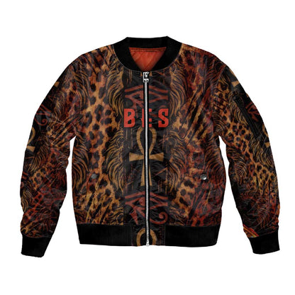 Bes Ancient Egyptian Sleeve Zip Bomber Jacket with Leopard Print Ankh and Eye of Horus Egyptian Deity Tribute - African Pride