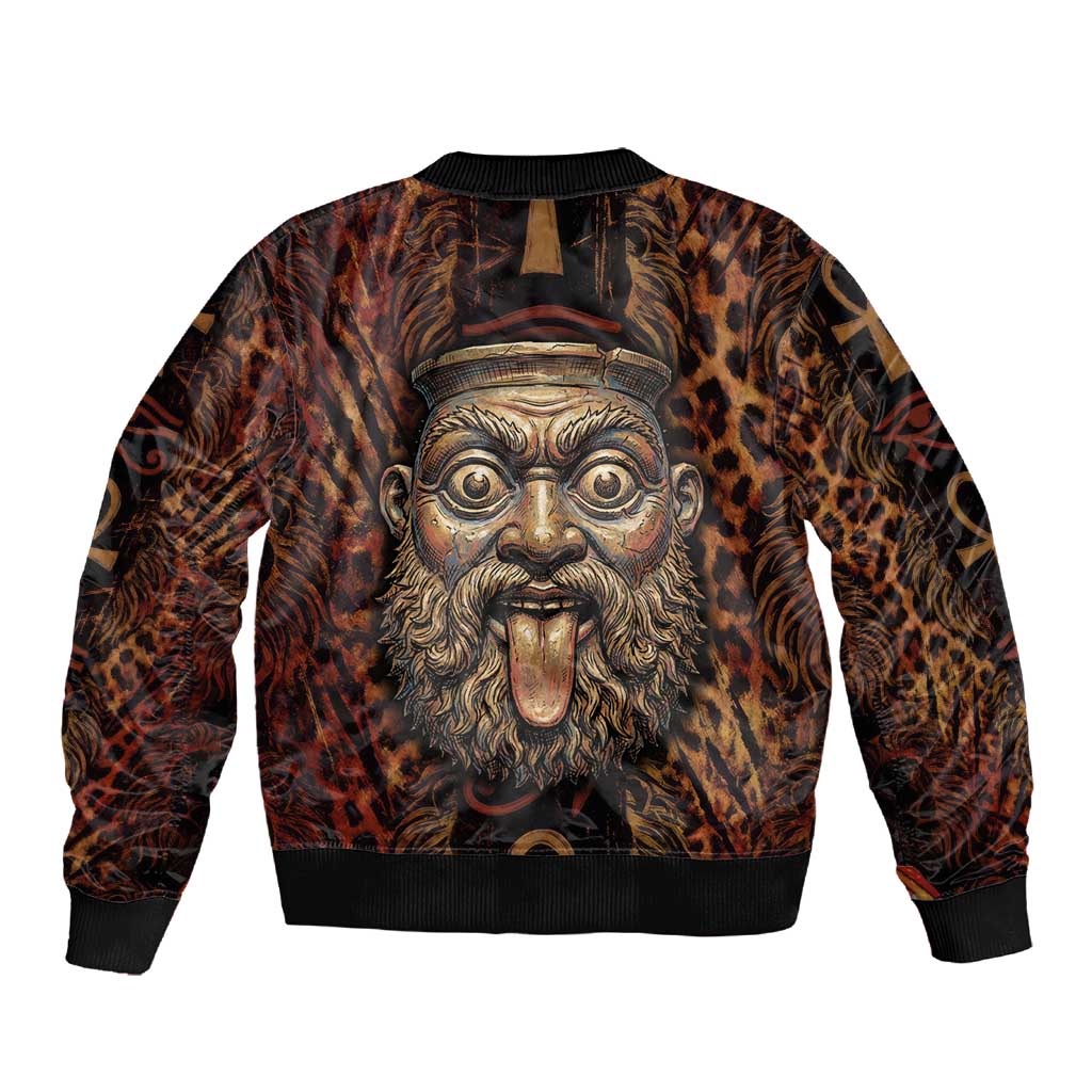 Bes Ancient Egyptian Sleeve Zip Bomber Jacket with Leopard Print Ankh and Eye of Horus Egyptian Deity Tribute - African Pride