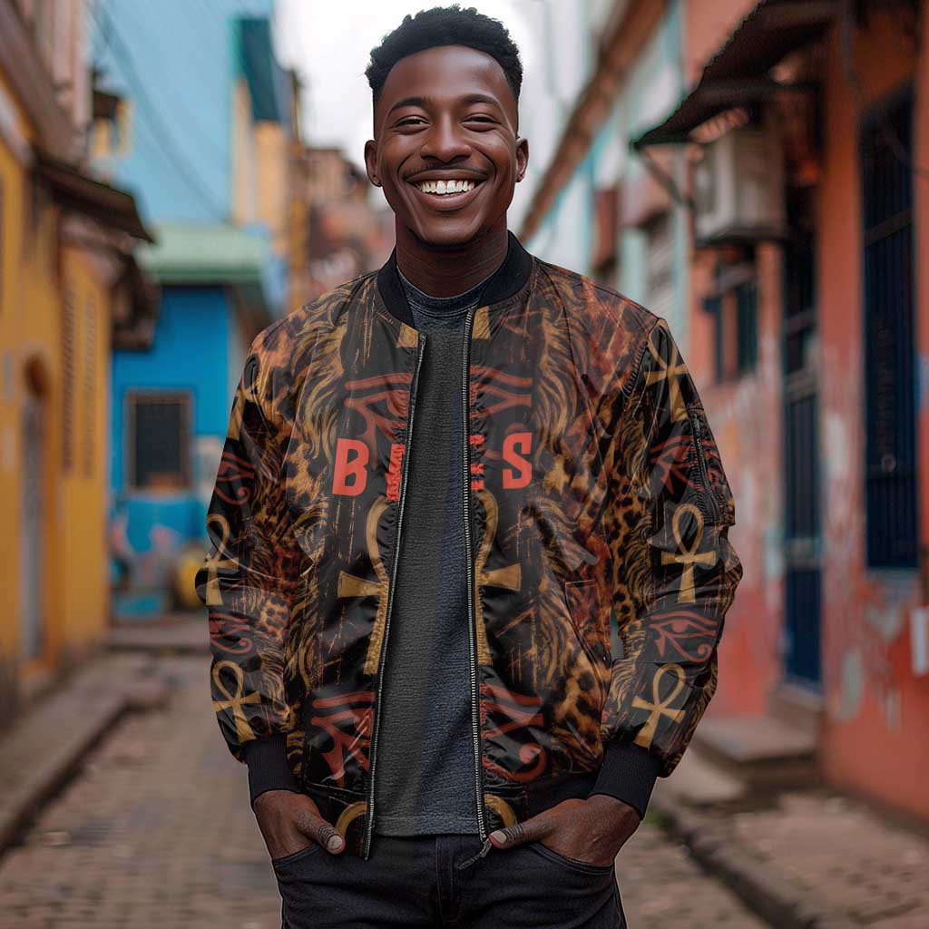 Bes Ancient Egyptian Sleeve Zip Bomber Jacket with Leopard Print Ankh and Eye of Horus Egyptian Deity Tribute - African Pride