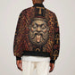 Bes Ancient Egyptian Sleeve Zip Bomber Jacket with Leopard Print Ankh and Eye of Horus Egyptian Deity Tribute - African Pride