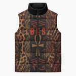 Bes Ancient Egyptian Sleeveless Puffer Jacket with Leopard Print Ankh and Eye of Horus Egyptian Deity Tribute - African Pride