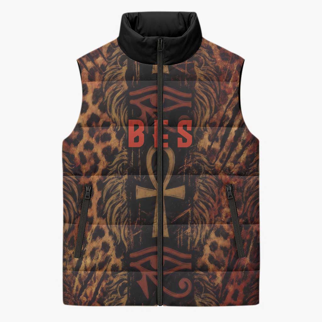 Bes Ancient Egyptian Sleeveless Puffer Jacket with Leopard Print Ankh and Eye of Horus Egyptian Deity Tribute - African Pride