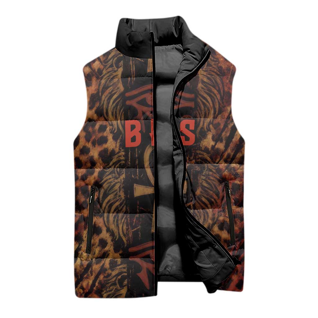 Bes Ancient Egyptian Sleeveless Puffer Jacket with Leopard Print Ankh and Eye of Horus Egyptian Deity Tribute - African Pride