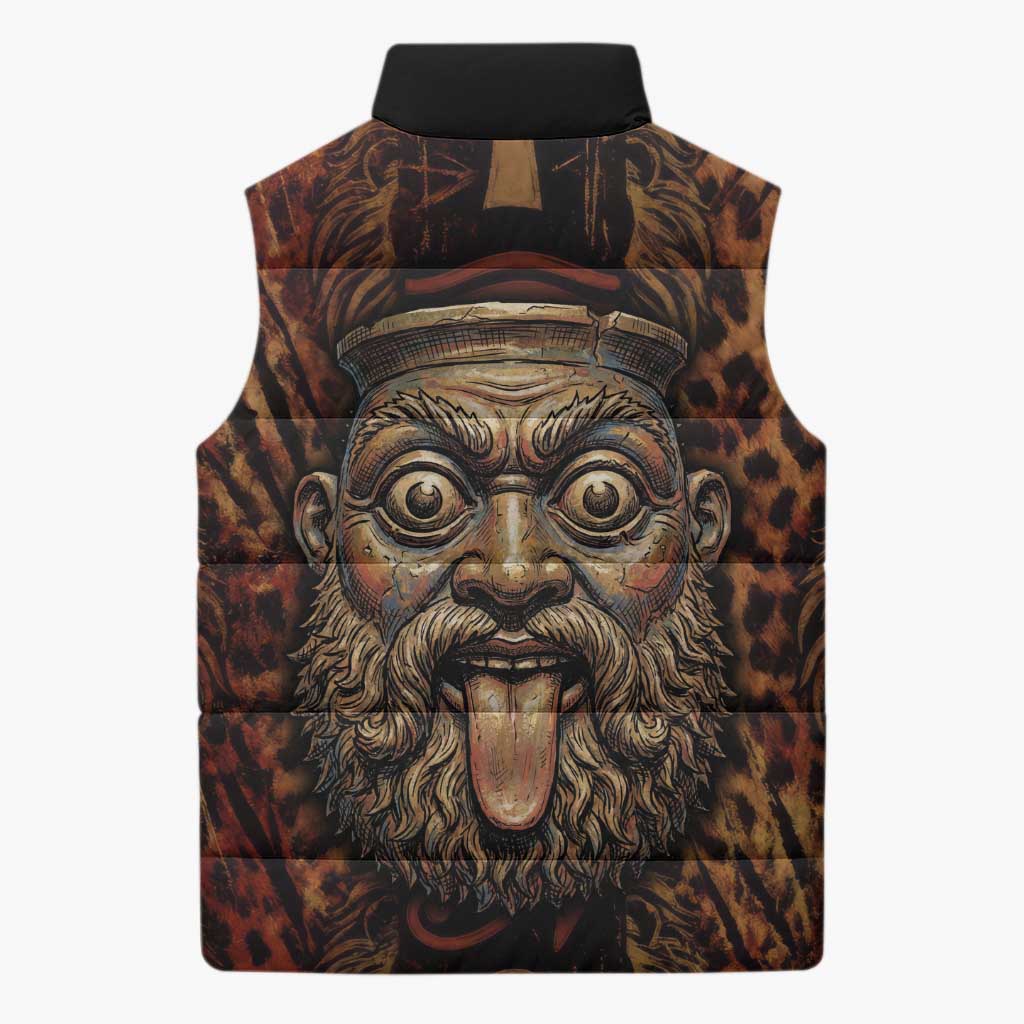 Bes Ancient Egyptian Sleeveless Puffer Jacket with Leopard Print Ankh and Eye of Horus Egyptian Deity Tribute - African Pride