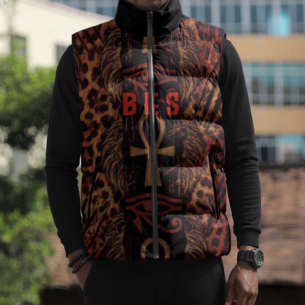 Bes Ancient Egyptian Sleeveless Puffer Jacket with Leopard Print Ankh and Eye of Horus Egyptian Deity Tribute - African Pride