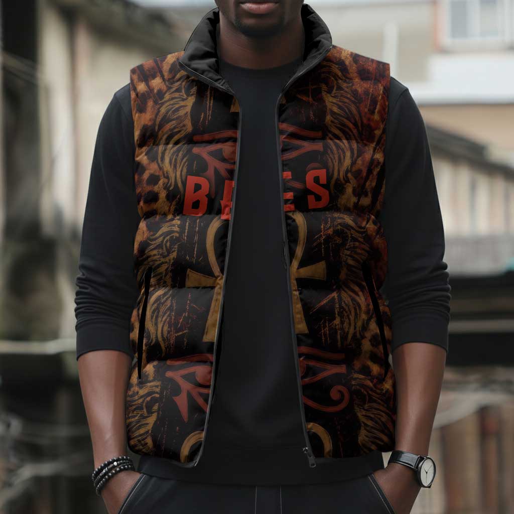 Bes Ancient Egyptian Sleeveless Puffer Jacket with Leopard Print Ankh and Eye of Horus Egyptian Deity Tribute - African Pride