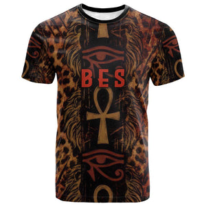 Bes Ancient Egyptian T shirt with Leopard Print Ankh and Eye of Horus Egyptian Deity Tribute - African Pride