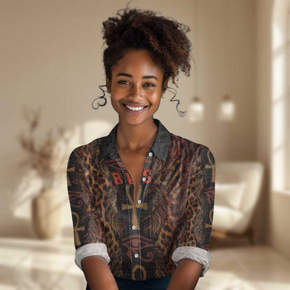 Bes Ancient Egyptian Women Casual Shirt with Leopard Print Ankh and Eye of Horus Egyptian Deity Tribute - African Pride